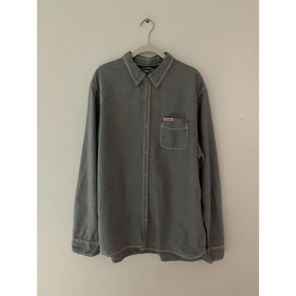 True Religion Mens Gray Button Down Shirt Western White And Red Stitch Cotton